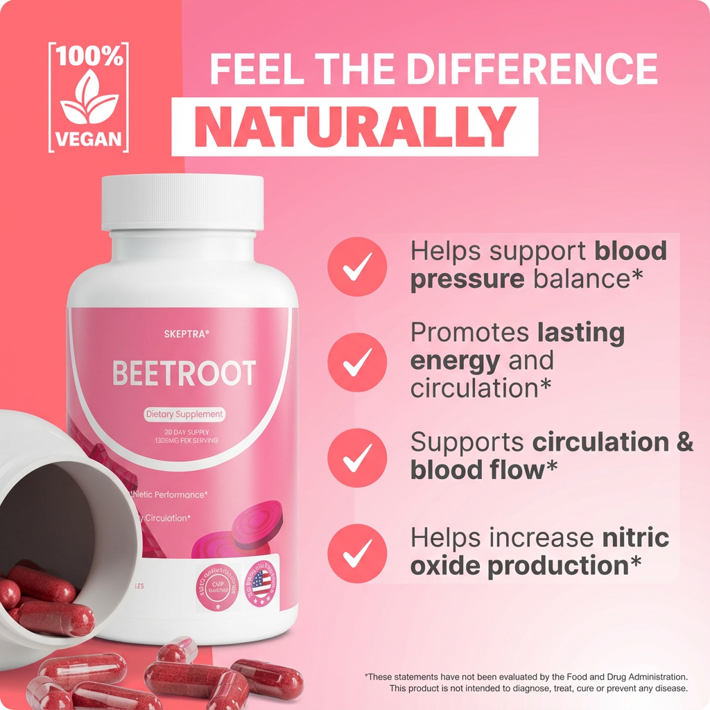 Organic Beetroot Capsules | 1300mg Pure Beetroot Powder for Blood Flow And Heart Health