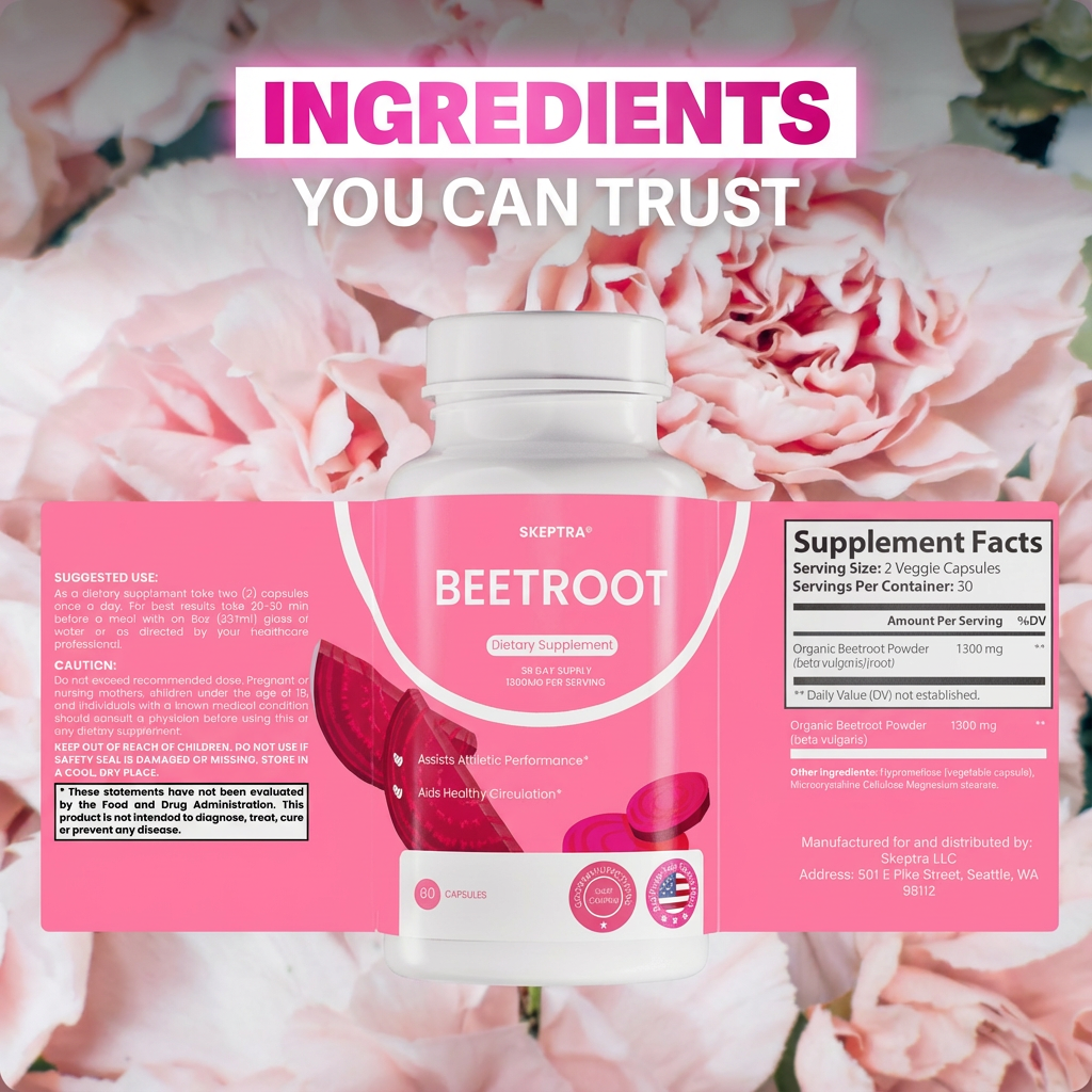 Organic Beetroot Capsules | 1300mg Pure Beetroot Powder for Blood Flow And Heart Health